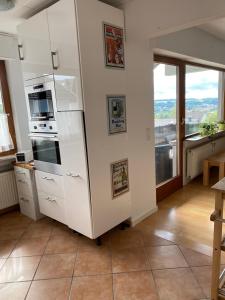 a white refrigerator in a kitchen with a window at Fewo Weinland in Zweibrücken