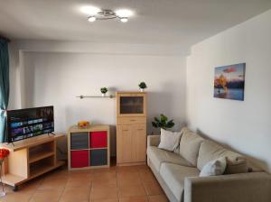 een woonkamer met een bank en een flatscreen-tv bij Paraiso Sol Lovely 1 bedroom in Torrox Costa in Torrox Costa