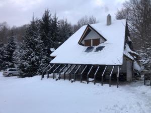 a house covered in snow with a roof at Cabana Praid in Praid
