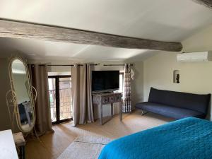 a living room with a blue bed and a tv at Ferienhaus Côté Dentelles am Fuß der Dentelles de Montmirail in Vacqueyras