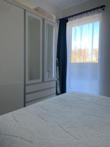 sypialnia z dużym łóżkiem i oknem w obiekcie Apartamenty Danka w Gąskach