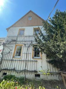 une maison avec un toit en métal sur son côté dans l'établissement Ferienhaus Weißburgunder am Weinberg, à Naumbourg