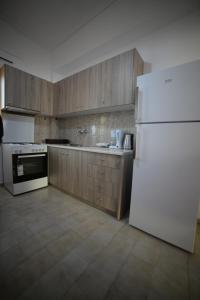a kitchen with a white refrigerator and wooden cabinets at Aetos House Exanthia Village in Exanthia