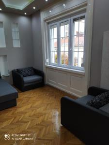 salon z 2 kanapami i oknem w obiekcie Széchenyi Apartman (IV Deluxe) Miskolc belvárosában w Miszkolcu