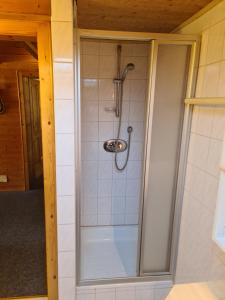 a shower with a glass door in a bathroom at Schöne Ferienwohnung im Naturpark Grebenzen in Sankt Lambrecht +39 photos