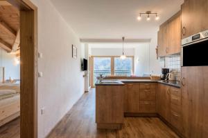 a kitchen with wooden cabinets and a large window at Thusnelda Apartment B in Siusi
