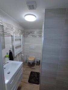 ein Badezimmer mit einer weißen Badewanne und einem WC in der Unterkunft Ubytování Zahrada in Velké Pavlovice
