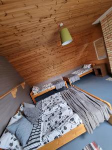 2 Betten in einem Zimmer mit Holzdecken in der Unterkunft Brīvdienu māja Rozes in Jūrkalne