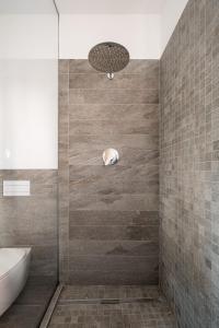 波隆那的住宿－Santo Stefano Design Apartment by Wonderful Italy，带淋浴的浴室,其中有一只狗