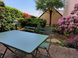 罗德兹Le DenysPuech 55m2 plein centre avec jardin!的花园里种着鲜花,摆放着蓝色的桌子和椅子