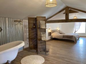 een slaapkamer met een bed en een bad in een kamer bij Chez Iréne in Villiers-aux-Chênes
