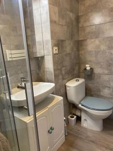 La salle de bains est pourvue de toilettes et d'un lavabo. dans l'établissement Appt 2 pièces Port Fréjus - méga terrasse + garage, à Fréjus