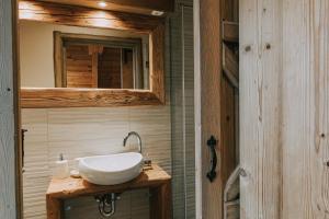 un bagno con un lavandino bianco e uno specchio di Hostel Lukna a Mojstrana Altre 26 foto