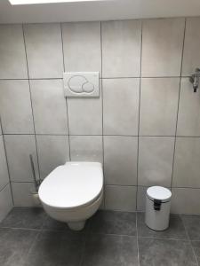 ein Badezimmer mit einem WC und einem Mülleimer in der Unterkunft Apartmani Čvorak in Vodice