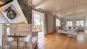 two pictures of a living room and a dining room at Kapitänshaus West in Oldsum