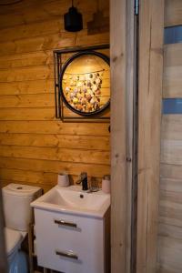a bathroom with a sink and a mirror and a toilet at Niezwykła Cisza Glamping & Sauna in Zelwa