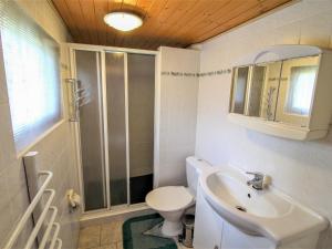 y baño con aseo, lavabo y ducha. en Chalet Vesec by Interhome, en Vesec