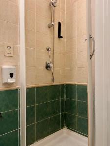 a shower with a glass door and green tiles at Alius and Freerome Hotel in Rome