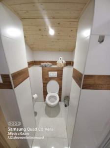 a bathroom with a white toilet in a room at Chata Dominika in Smižany