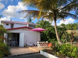 a house with a patio with a table and a pink umbrella at Appartement cosy avec terrasse et jardin à Sainte-Anne, 35 m² in Sainte-Anne