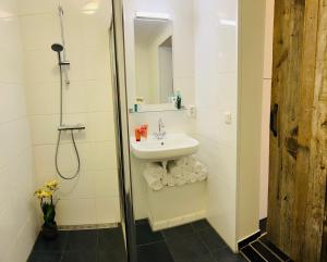 a bathroom with a sink and a shower at Shoreline Apartment Katwijk in Katwijk aan Zee +13 photos