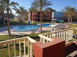 ein Resort mit einem Pool und Palmen in der Unterkunft شاليهات بورتو مطروح فيو بحر Porto Matrouh Sea View Families Only in Marsa Matruh