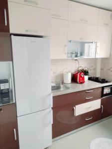 a kitchen with a white refrigerator and a sink at Delightful Studio Brâncuși in Bucharest
