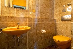 een badkamer met een gele wastafel en een toilet bij Ferienwohnpark Immenstaad am Bodensee Zwei-Zimmer-Apartment 53 01 in Immenstaad am Bodensee