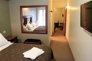 Habitación de hotel con cama y espejo en Hotel Termal Rio Hondo en Termas de Río Hondo