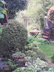 ogród ze stołem, krzesłami i kwiatami w obiekcie Ferienwohnung Bibert w mieście Michelstadt
