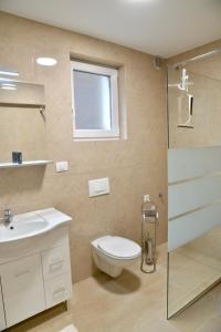 uma casa de banho com um WC, um lavatório e um chuveiro em Stara Jezica Apartments with WiFi em Ljubljana
