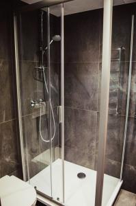 a shower with a glass door in a bathroom at Beach House Kaltene in Kaltene