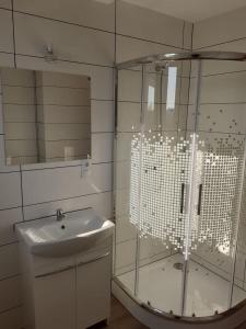 a bathroom with a glass shower and a sink at Zakątek Mikołajewo 14 in Mikolajewo