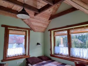 um quarto com duas janelas e uma cama. em Noclegi Kamionka em Cisna