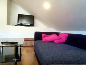 a couch with pink pillows in a living room at Apartma DAVID in Zgornje Gorje