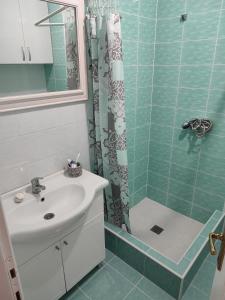La salle de bains est pourvue d'un lavabo et d'une douche. dans l'établissement Viktorija, à Bar