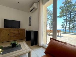 sala de estar con TV y puerta corredera de cristal en Villa piscine Sagone Paradise avec magnifique vue mer, en Sagone