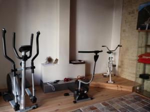 un gimnasio con 2 bicicletas estáticas en una habitación en Le Clos Notre Dame B&B, en Mareuil