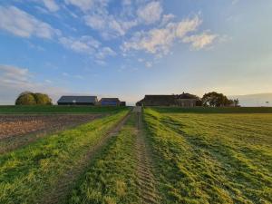 un camino de tierra en un campo con casas en el fondo en Bissems Hofstede, en Marle
