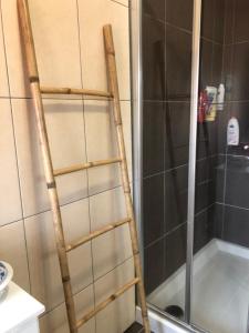 a wooden ladder leaning against a shower door at Casa Dos Cabritos in Melo