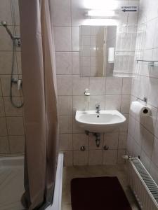 ein Bad mit einem Waschbecken und einer Dusche in der Unterkunft Centrum Étterem és Panzió in Őriszentpéter