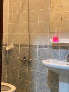 a bathroom with a shower and a sink and a toilet at درة العروس - القرية الحالمة - شقة دور أرضي على البحر - Dream Village in Durat Alarous