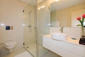 a bathroom with a toilet and a sink and a shower at Casa do Passadiço - Alvarenga in Alvarenga +34 photos