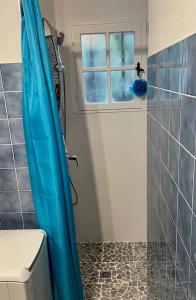 a bathroom with a shower with a blue shower curtain at Vue mer & piscine T2 climatisé à Cavalaire in Cavalaire-sur-Mer +8 photos