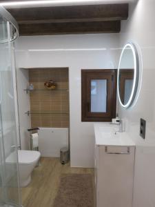a bathroom with a toilet and a sink and a mirror at Apto. Completo, La Ribera in Aguilar de Campóo