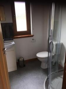 a bathroom with a toilet and a shower and a window at Darach Brae in Beauly
