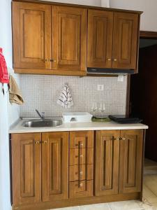 eine Küche mit Holzschränken und einem Waschbecken in der Unterkunft Amelia Beach Apartments in Agios Ioannis