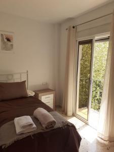 een slaapkamer met een bed en een glazen schuifdeur bij Apartamentos Pinos Genil in Pinos Genil