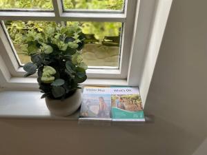 two books sitting on a window sill next to a plant at Country cottage with private garden close to beach in St. Mary