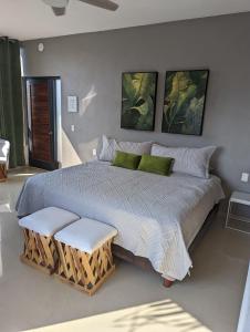 Hotel Pura Chacala في شاكالا: غرفة نوم بسرير كبير مع صورتين على الحائط